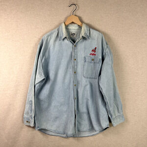 Vintage Lee Sport Mens Cleveland Indians Button Up Shirt Size XL Chief Wahoo 90s